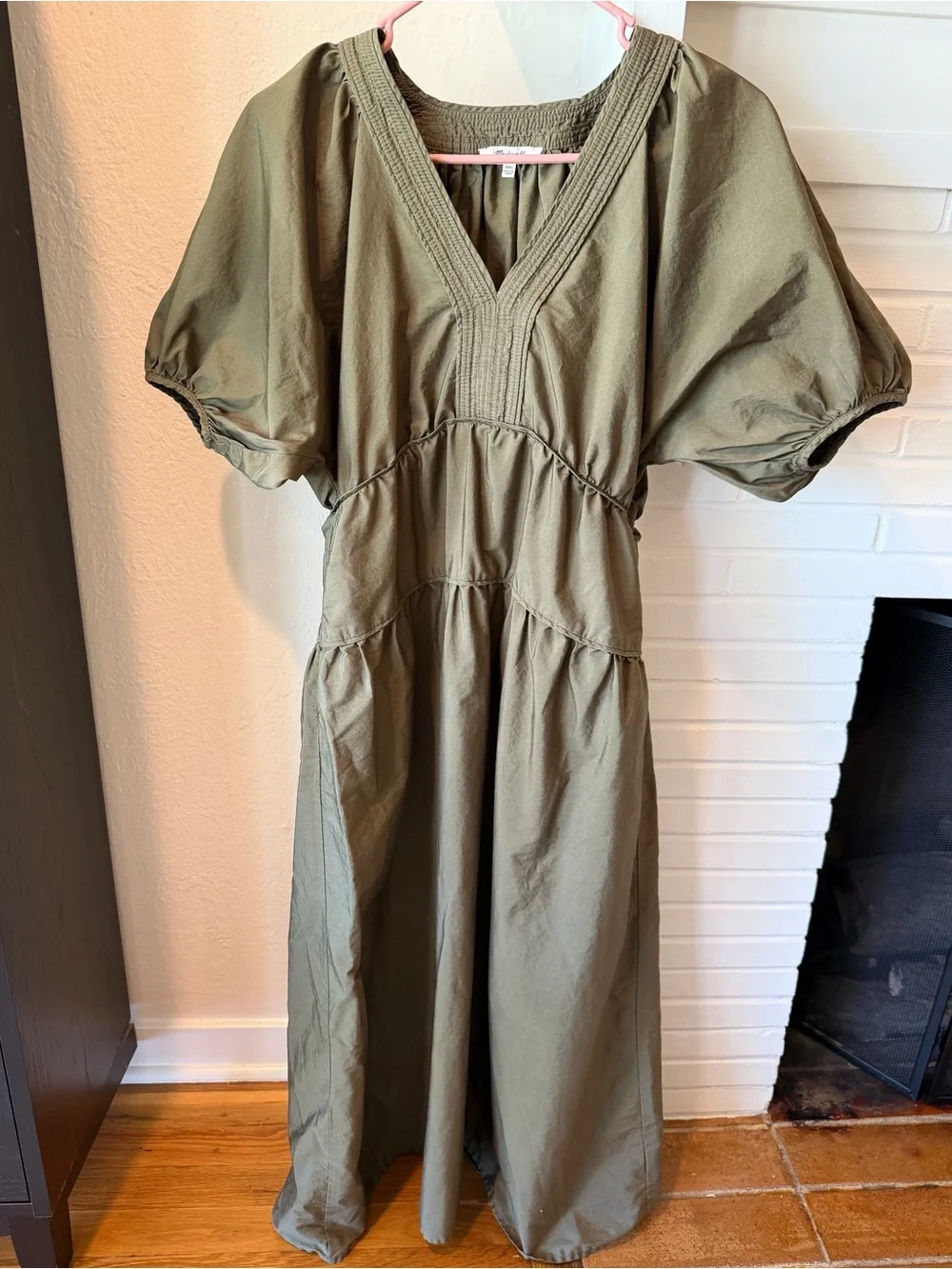 Madewell Olive Green Midi Dress XXS Puff Sleeve Cotton Tiered Boho Cottagecore - Picture 2 of 6